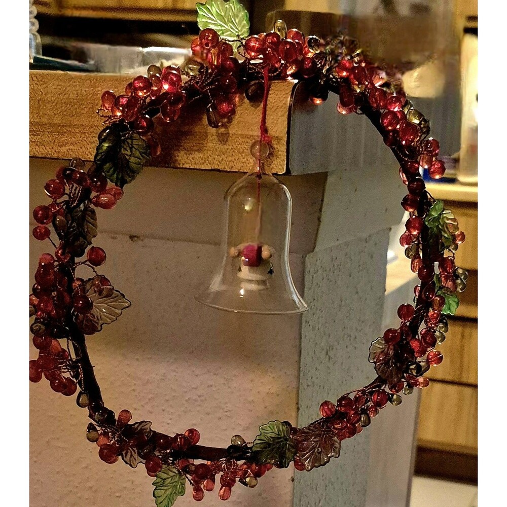 Red And Green Cluster Beads Wire Wreath With Hanging Bell 12 Inches